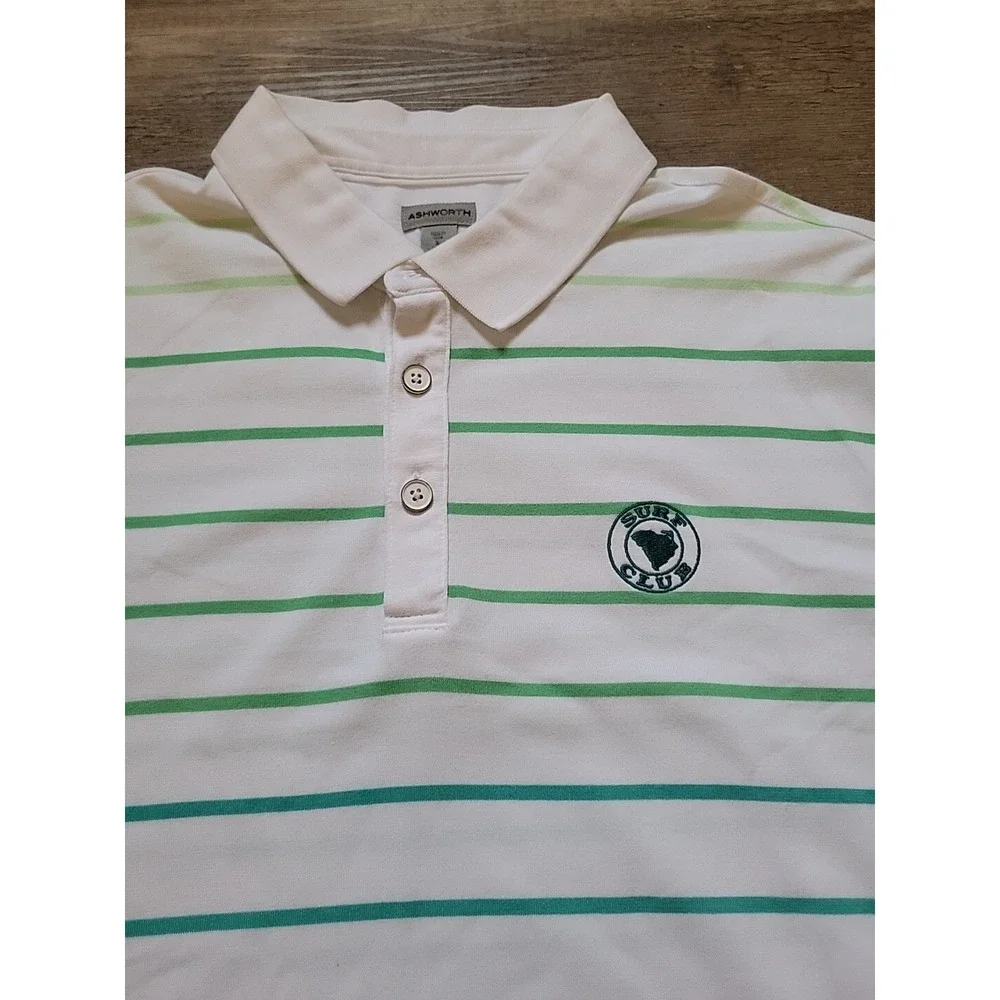 Ashworth Mens Surf Club Striped Polo Shirt White Green Large Short‎ Sleeve Golf